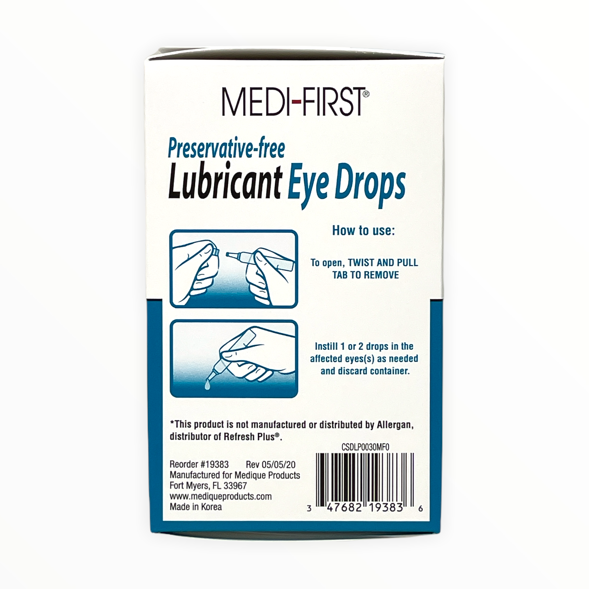 Medique Lubricant Eyedrops in a small bottle, first aid supply for soothing and lubricating dry or irritated eyes