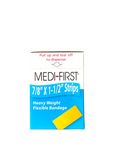 Medique Jr. woven strip bandages, 7/8" x 1-1/2", in sealed packaging for first aid wound care.