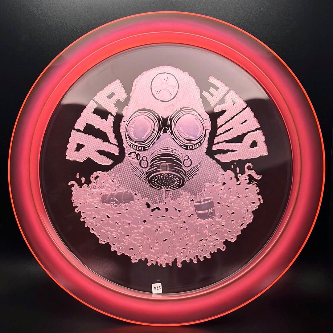 Rare Air Discs Ethos Omen Radioactive Man Edition disc golf disc with vibrant design and detailed artwork on the top surface.