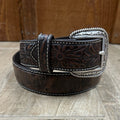 A men's ostrich leather belt from Ariat featuring a Western-style buckle and textured black strap.