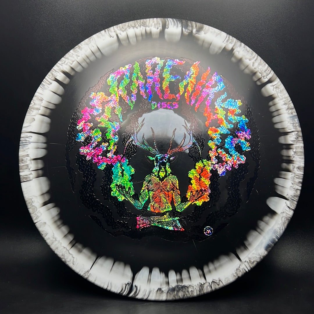 Rare Air Discs Halo S-Blend Exodus disc golf disc with custom RAD Elk stamp, featuring vibrant colors and detailed artwork.