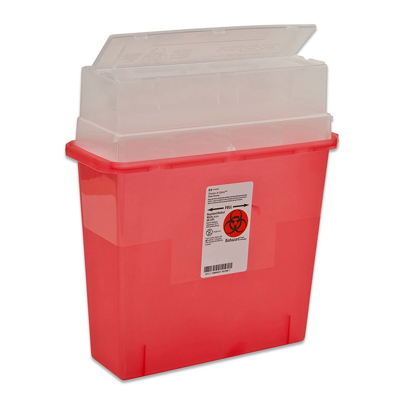 Alpenglow Readiness Supply Sharps-A-Gator 5 Qt sharps container with secure lid and bright yellow color for safety.