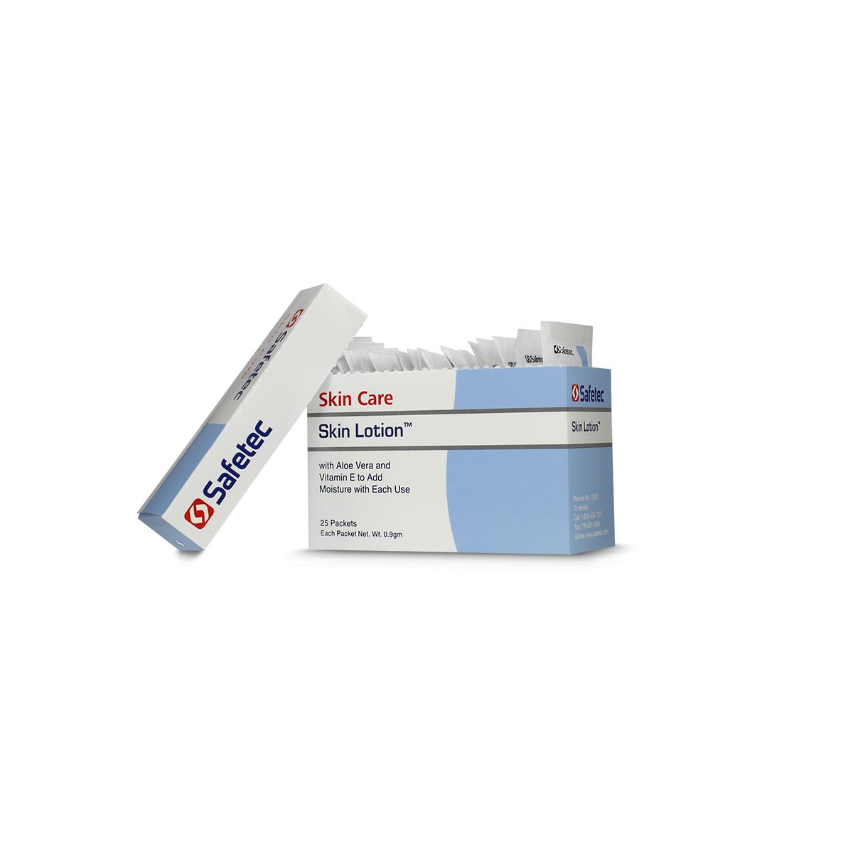 Alpenglow Readiness Supply skin lotion packets, 0.9 gm, arranged in a first aid supplies setting.