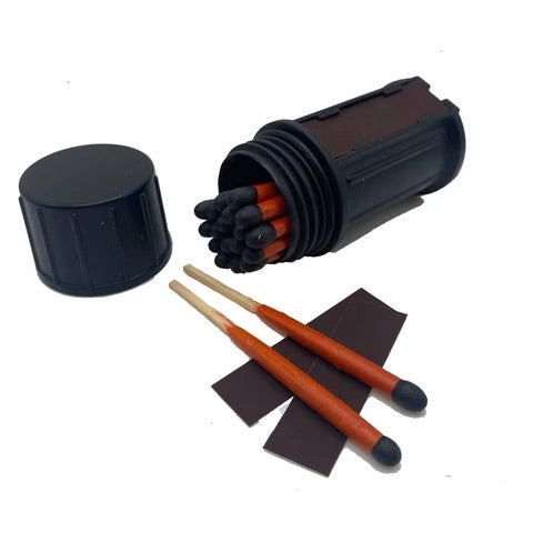 Alpenglow Readiness Supply stormproof matches in a waterproof container, ideal for outdoor survival and camping use.