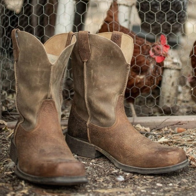 Ariat men's Rambler square toe Western boots with leather finish and Western stitching, displayed on a plain background.