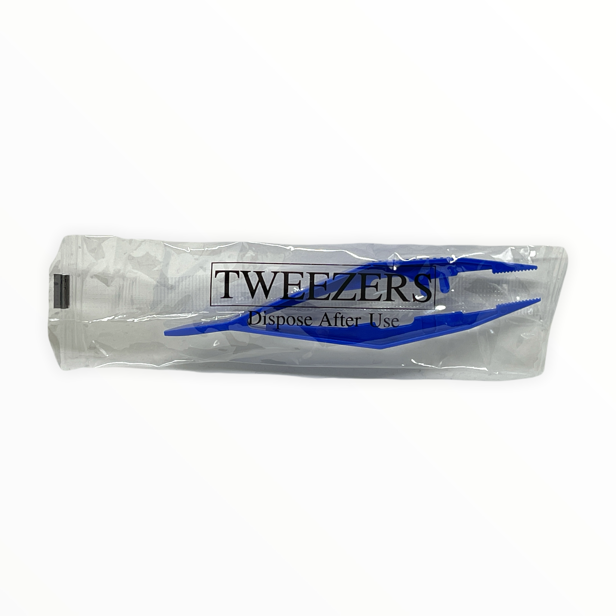 Alpenglow Readiness Supply disposable plastic tweezers, individually sealed, on a white background for first aid use.