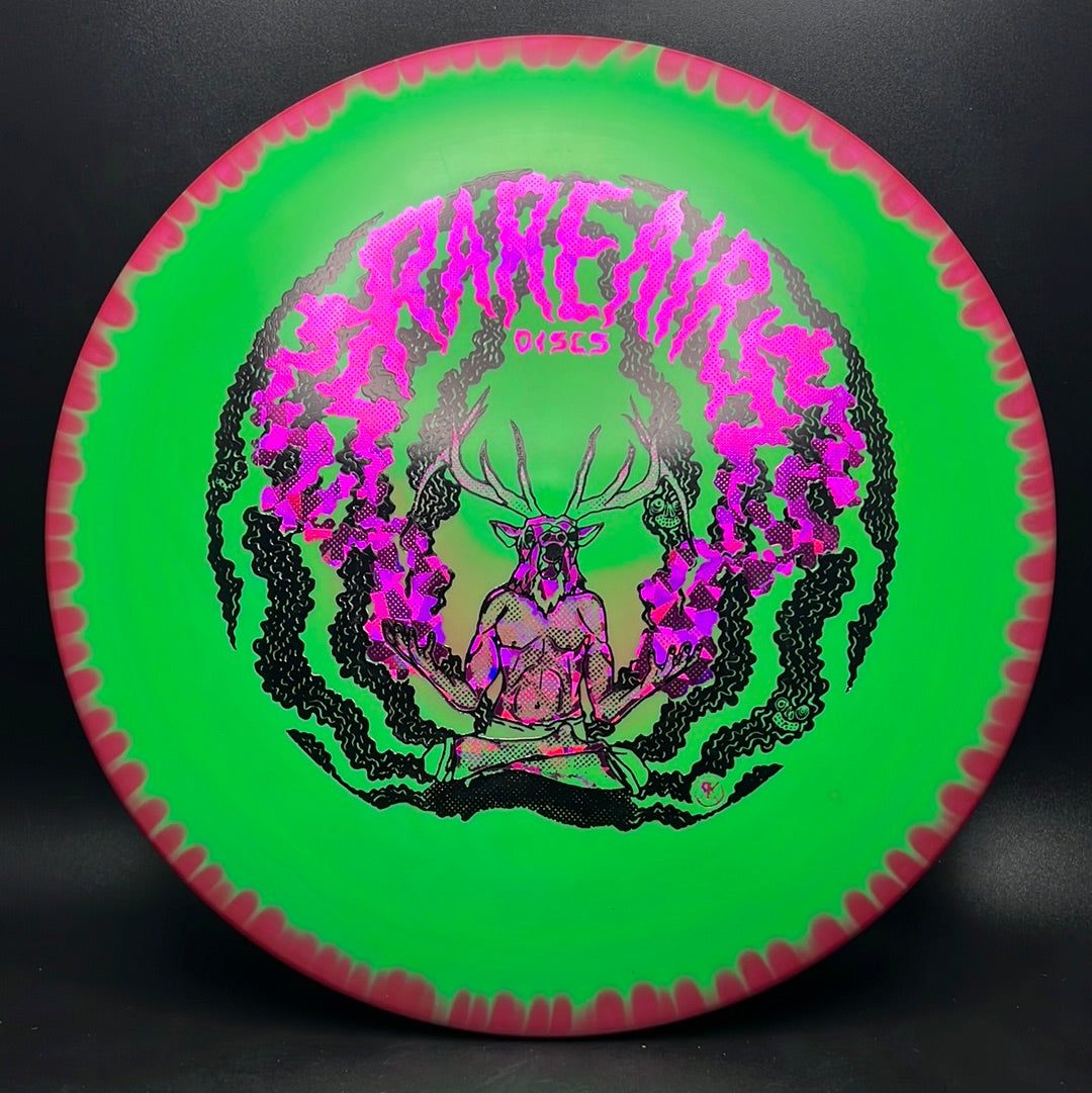 Rare Air Discs Halo S-Blend Exodus disc golf driver with custom RAD elk stamp, showcasing vibrant graphics and detailed design.