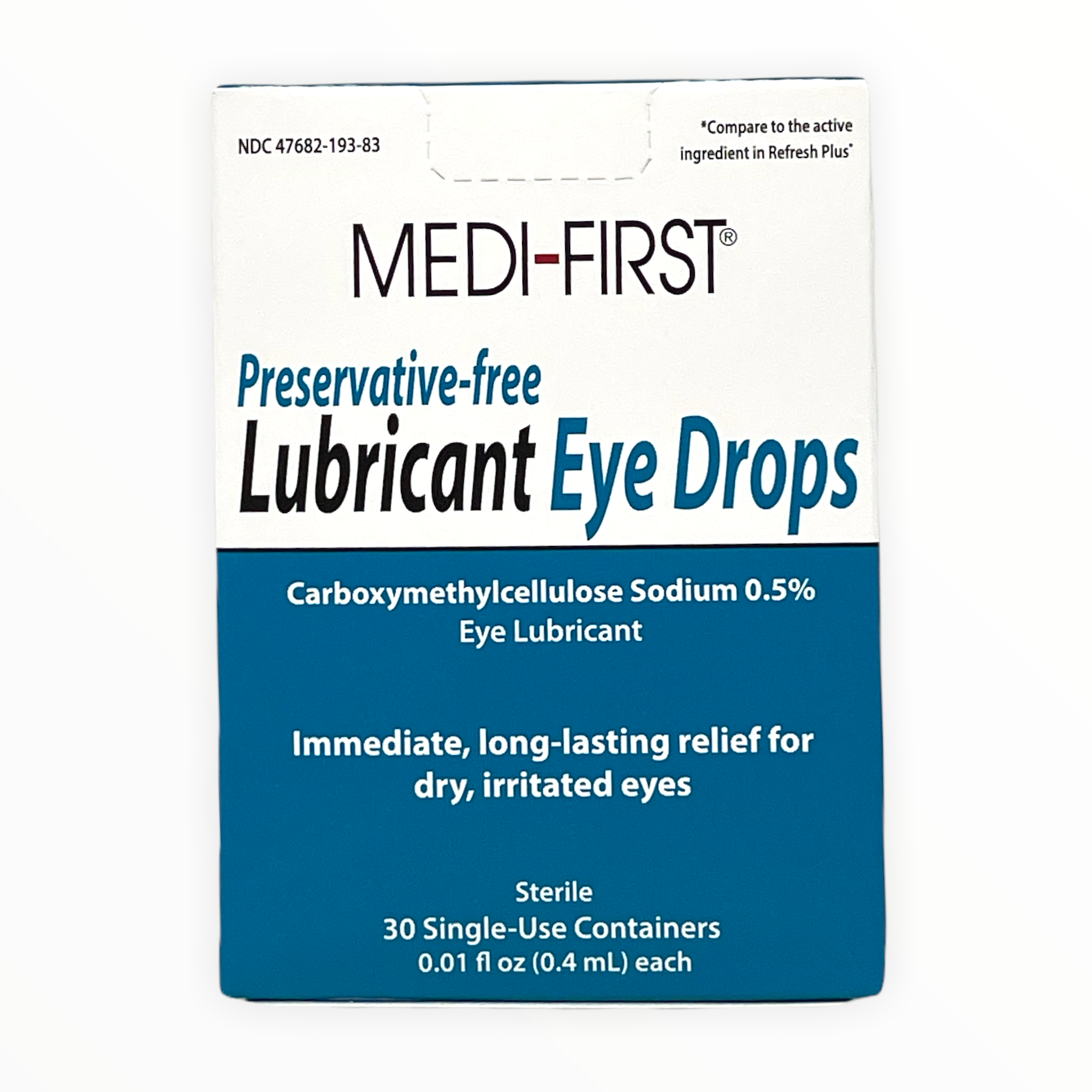 Medique Lubricant Eyedrops in clear bottle, first aid supplies for eye lubrication and relief, from Alpenglow Readiness Supply.