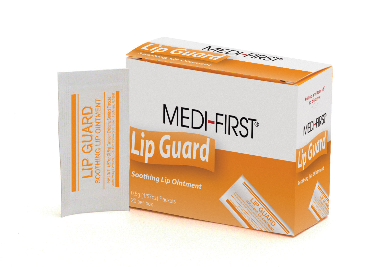 Medique Lip Guard box of 20 first aid supplies with lip balm tubes, ideal for moisture protection and healing.