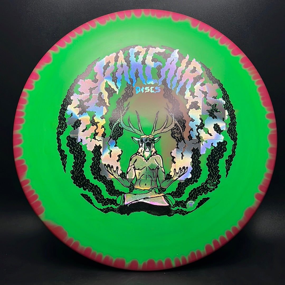 Rare Air Discs Halo S-Blend Exodus disc golf disc with custom RAD Elk stamp, featuring vibrant colors and detailed artwork.