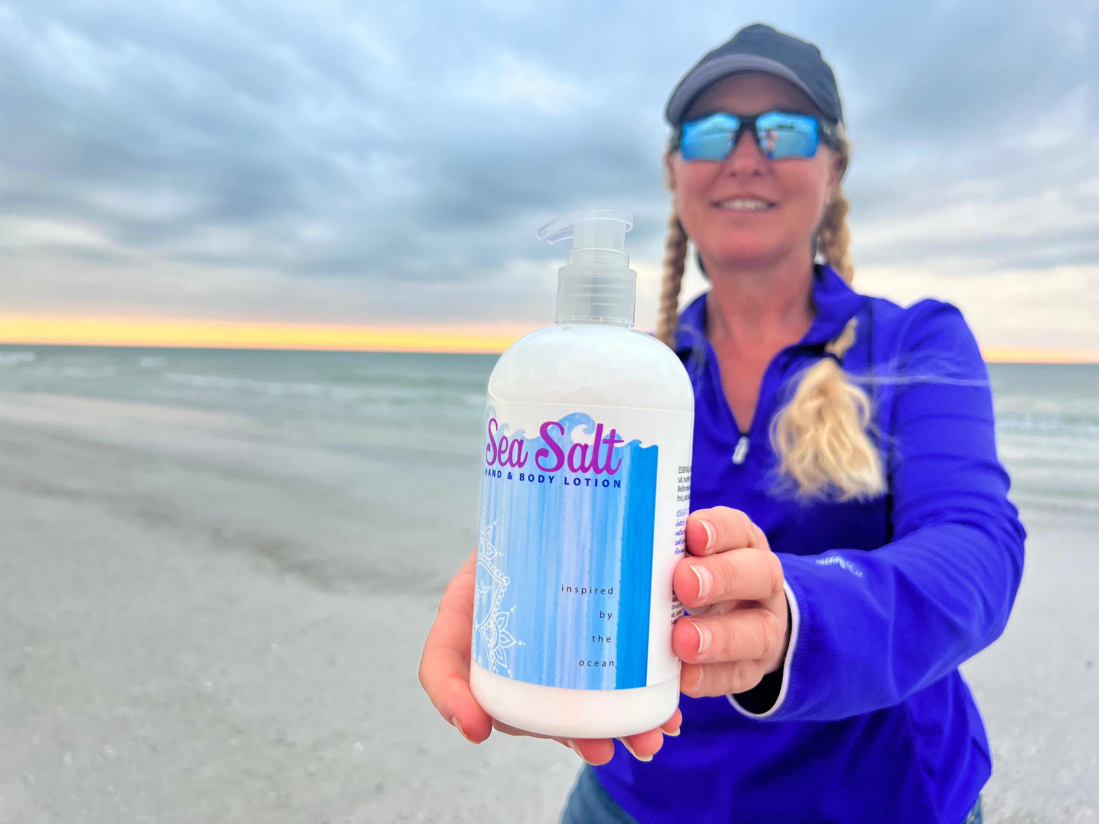 Essential Journeys sea salt hand and body lotion in a 16 oz or 2 oz container, moisturizing butters and salves for skin.