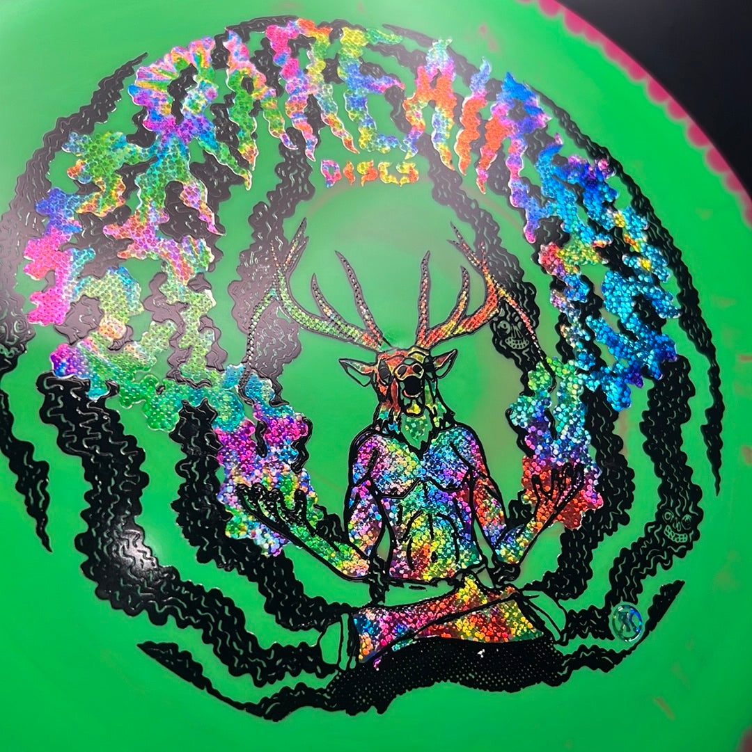 Halo S-Blend Exodus disc golf disc by Rare Air Discs with custom RAD Elk stamp, showcasing a detailed graphic design.