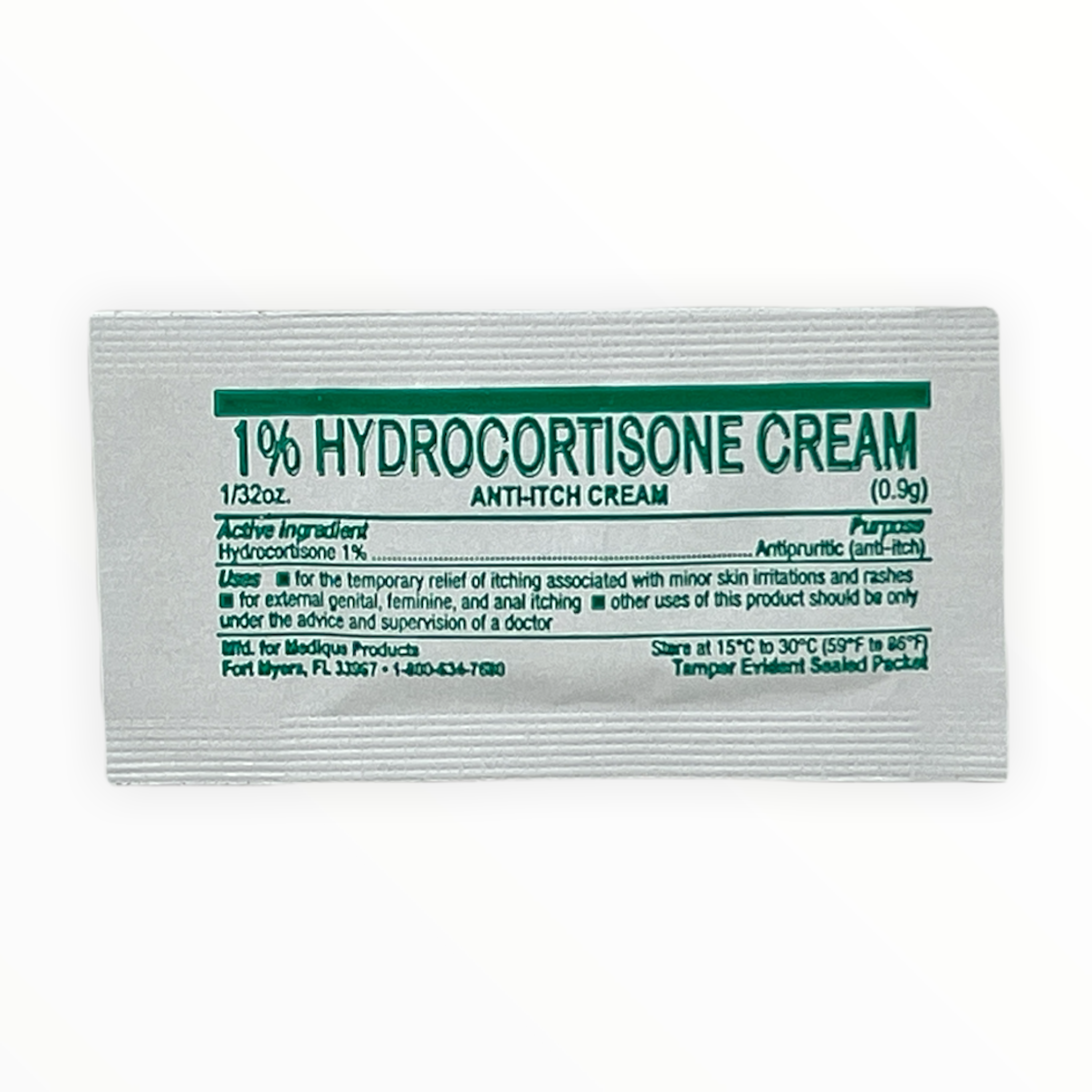 Medique Hydrocortisone Cream 1% in a 0.9 gm tube, part of first aid supplies, used for skin irritation relief.
