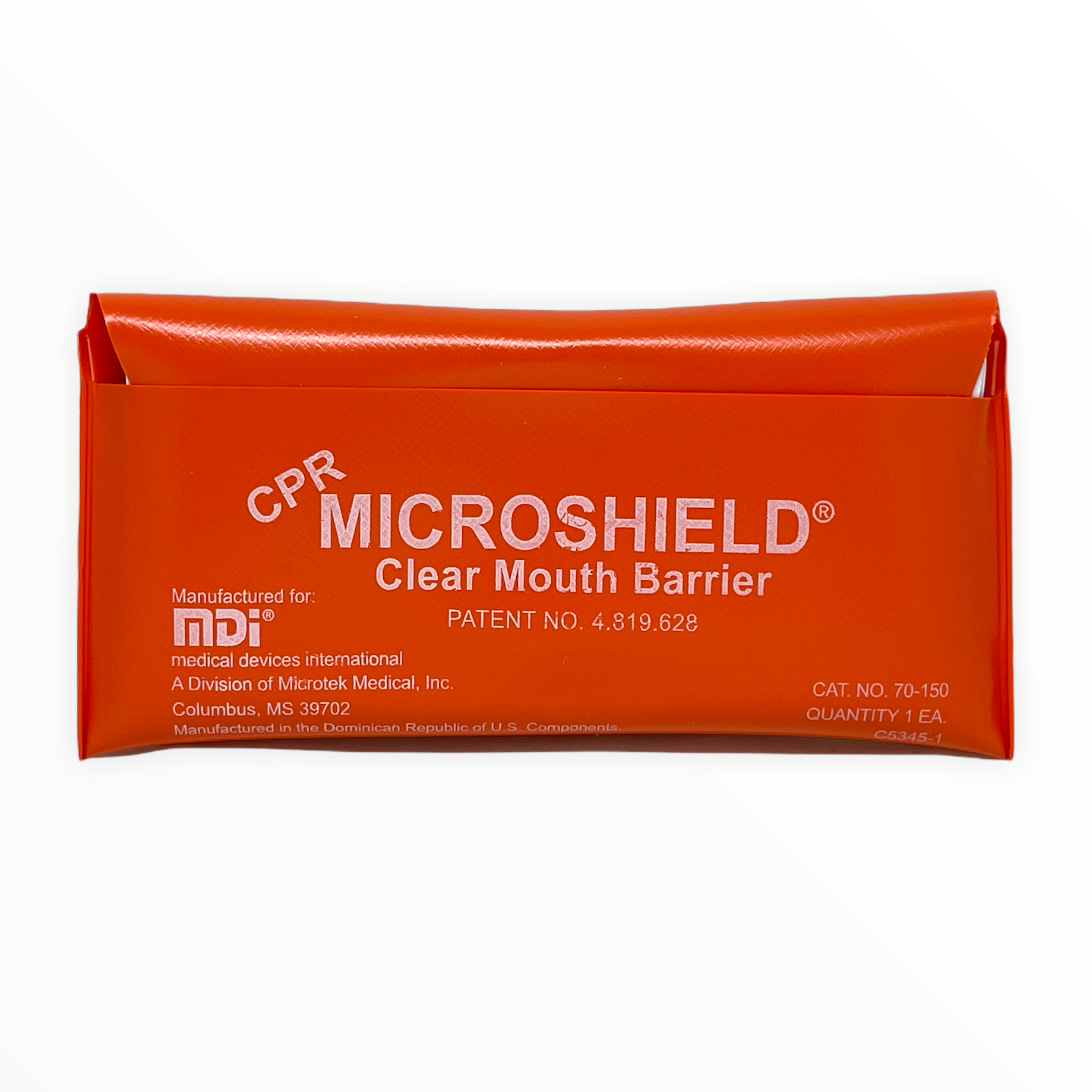 Orange pouch containing Medique MDI Microshield first aid supplies on a neutral background.