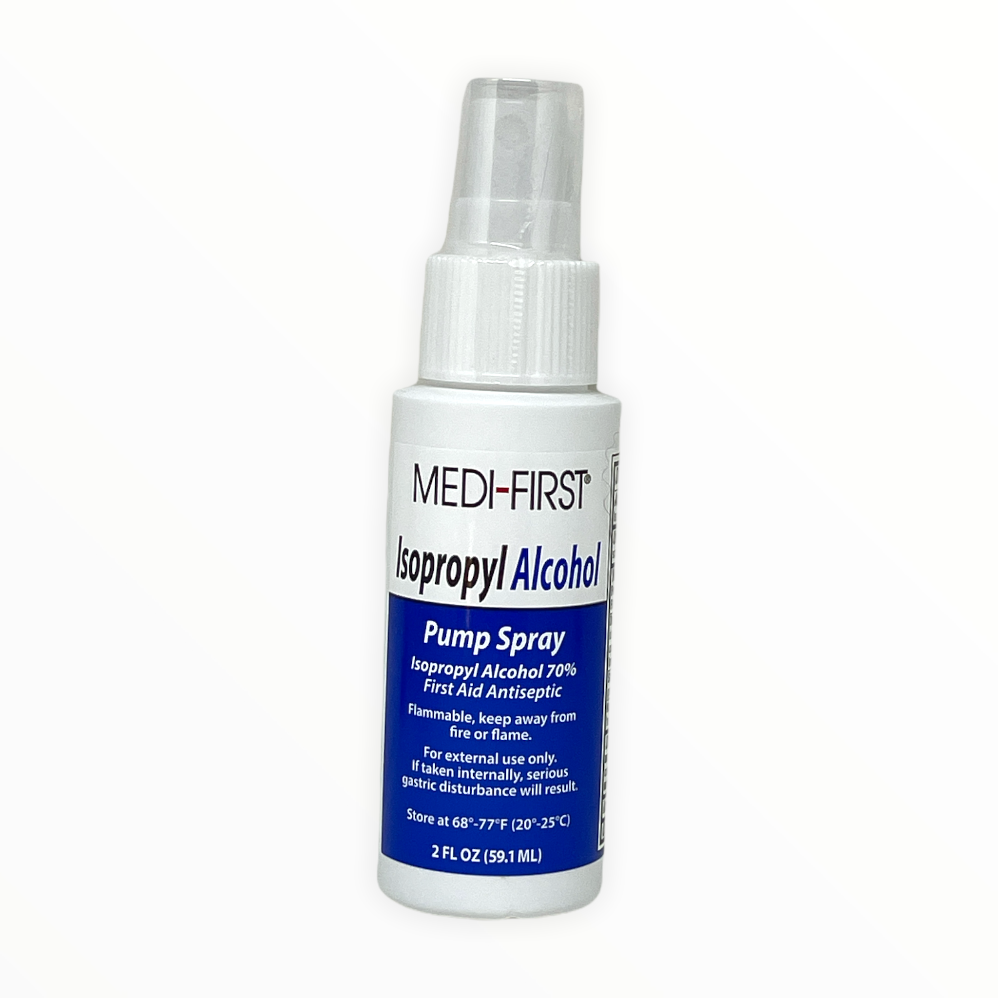 Medique Isopropyl Alcohol 70% pump spray bottle, first aid antiseptic solution with clear liquid inside.