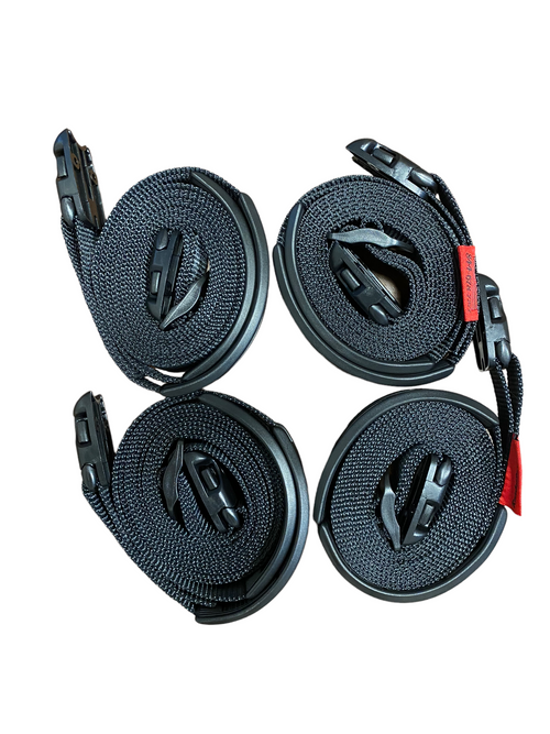 Black ACW Buckle Spa Hot Tub Cover adjustable wind straps with ratchet system, shown on spa cover in two complete kits.