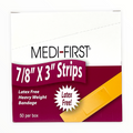 Flexible HW strip bandages by Medique, measuring 7/8" x 3", in a first aid supplies setting.