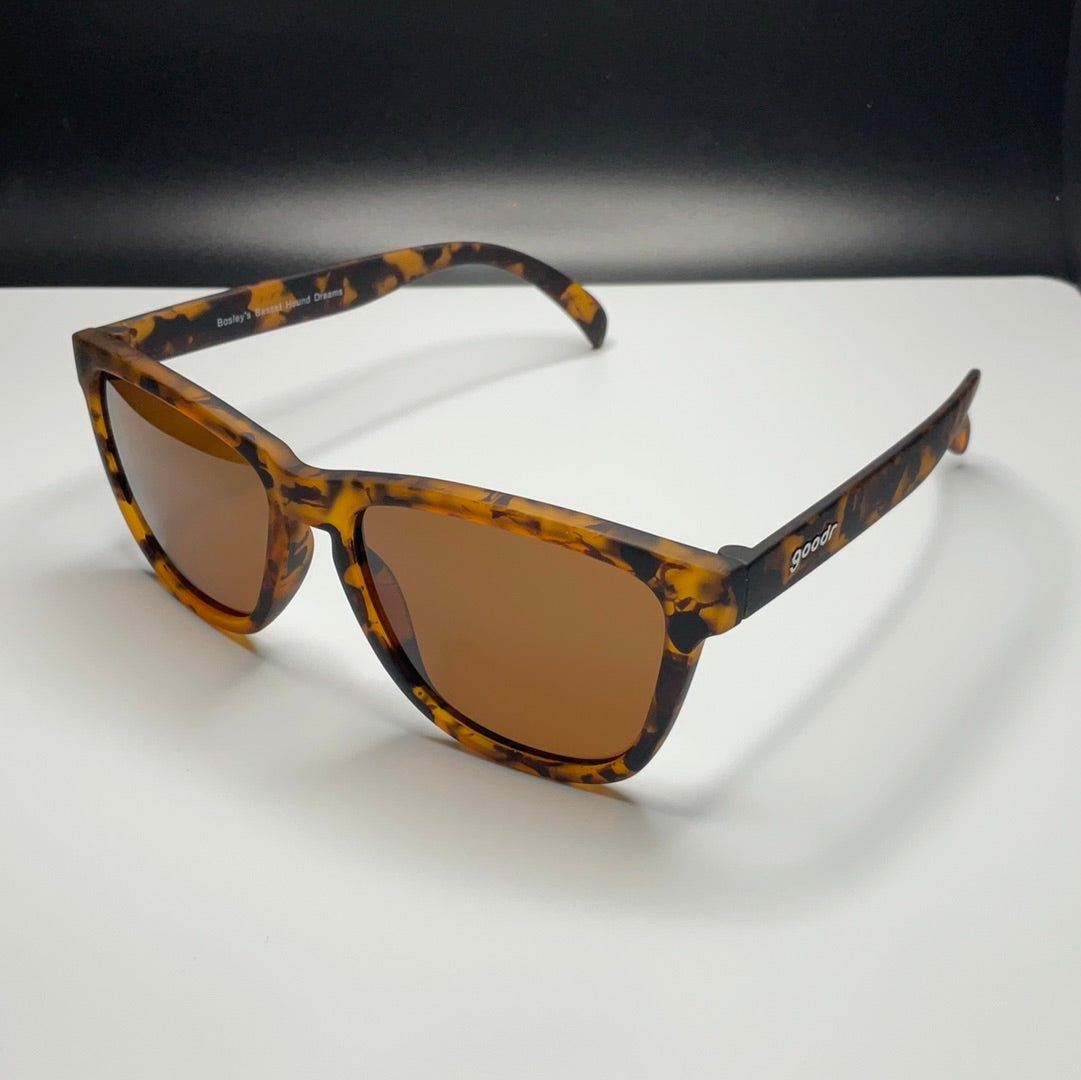 Bosley's Basset Hound Dreams polarized sunglasses by Rare Air Discs, stylish accessory with black frames and tinted lenses.