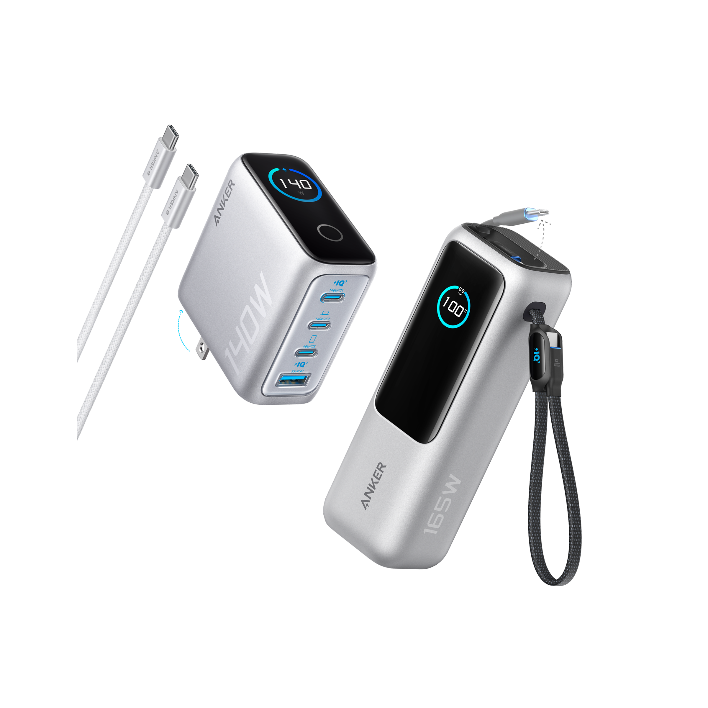 Anker 25K laptop power bank with built-in retractable cables and 165W charging capacity, portable and compact for on-the-go use.