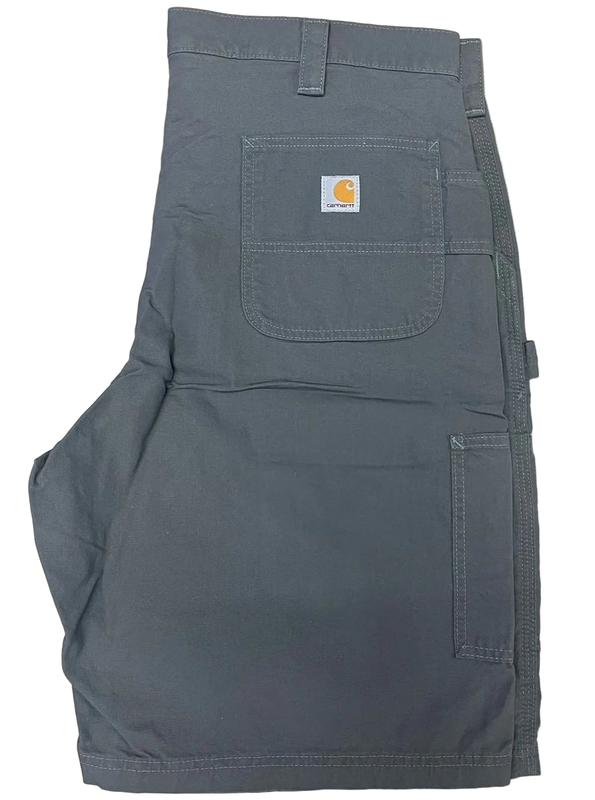 Dark gray shorts with a visible brand logo on a white background.