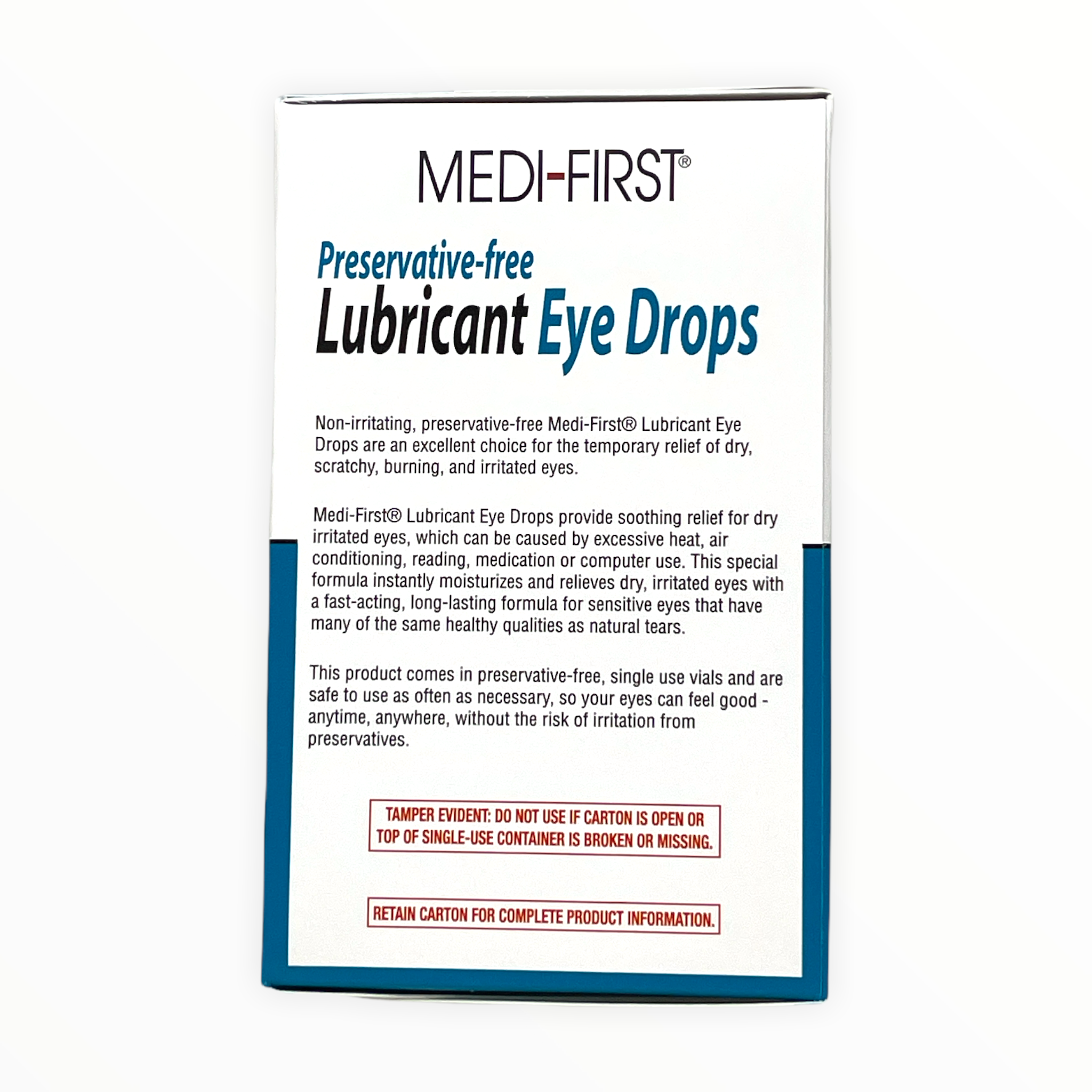 Medique Lubricant Eyedrops in a small bottle, designed for eye comfort and relief, part of first aid supplies.