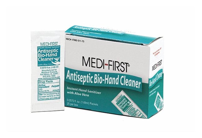 Medique Bio-Hand Cleaner bottle with label, placed on a white background, featuring first aid supplies.