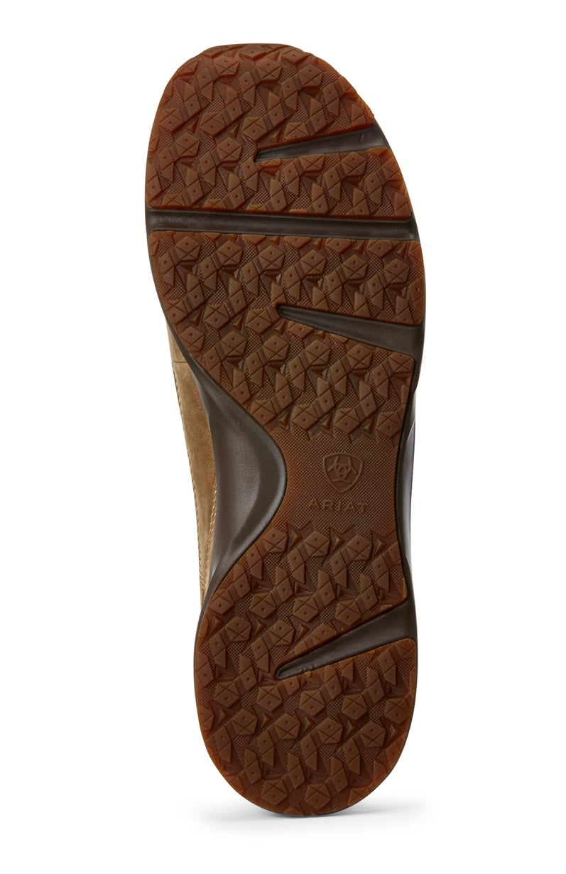 Brown Ariat men's bomber slip-on shoes with a sleek western style, featuring smooth leather and classic design.