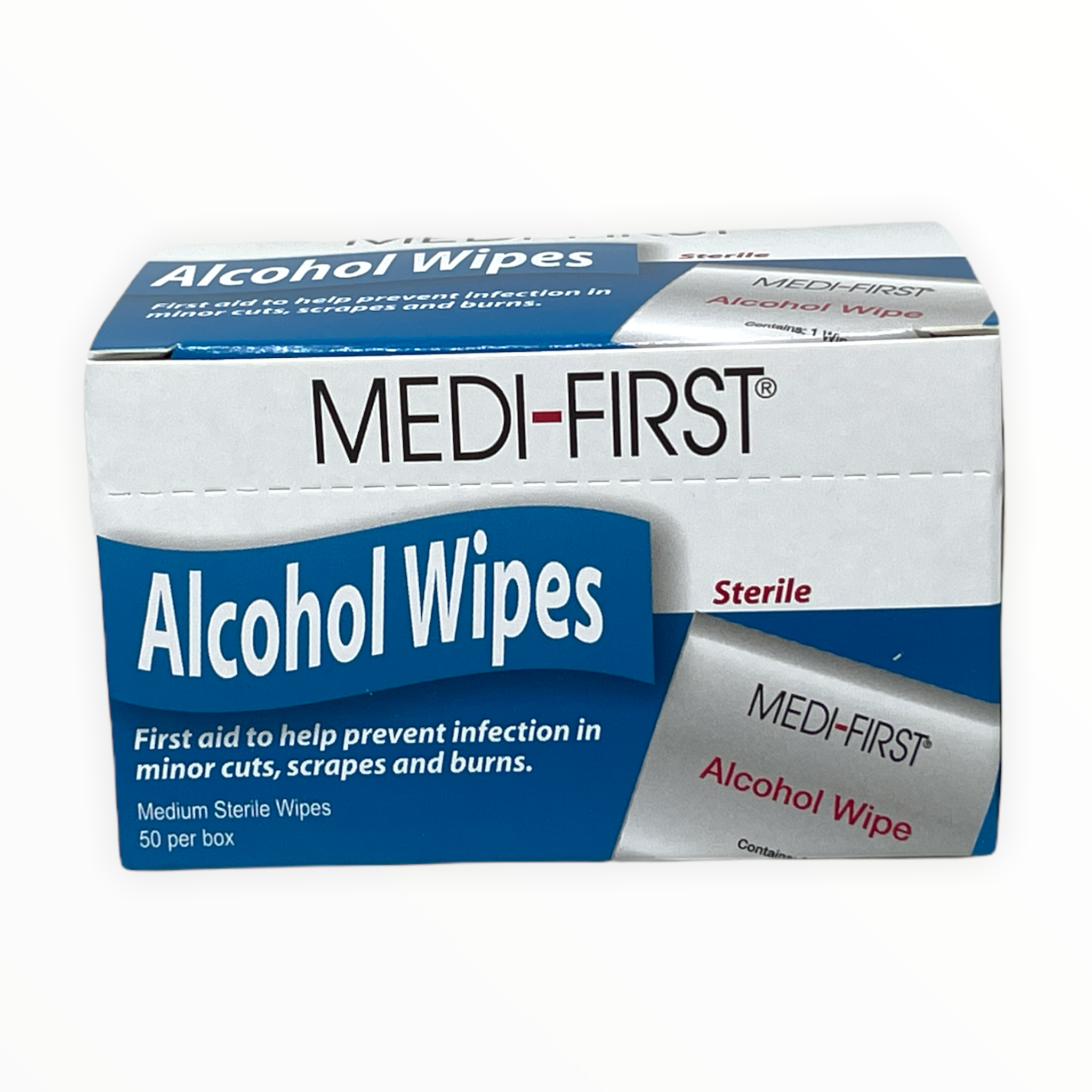 Alcohol prep pads by Alpenglow Readiness Supply, packaged for first aid, showing sterile wipes and clear labeling.