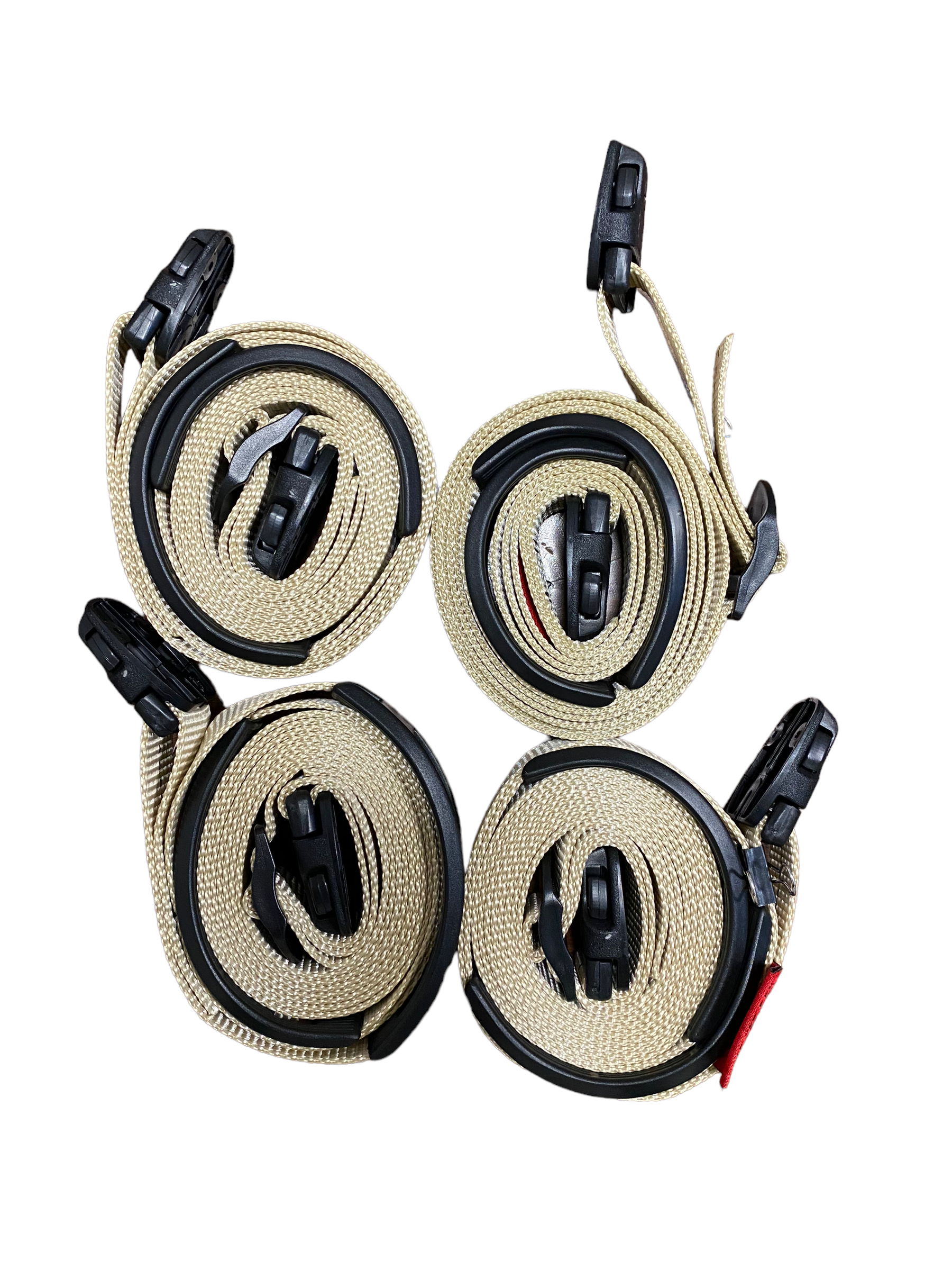 10 ft tan spa cover with adjustable wind straps and buckles, featuring two complete kits from RatchetStrap.Com for hot tub security.