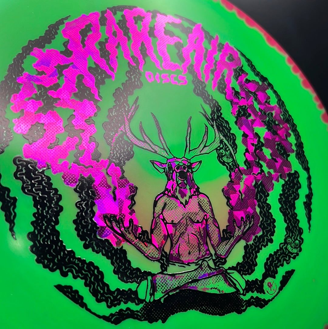 Rare Air Discs Halo S-Blend Exodus disc golf disc with custom RAD Elk stamp, showcasing a colorful, detailed bird design on the flight plate.