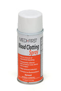 Medique Blood Clotting Spray bottle with label, set against a neutral background, showcasing first aid supplies.