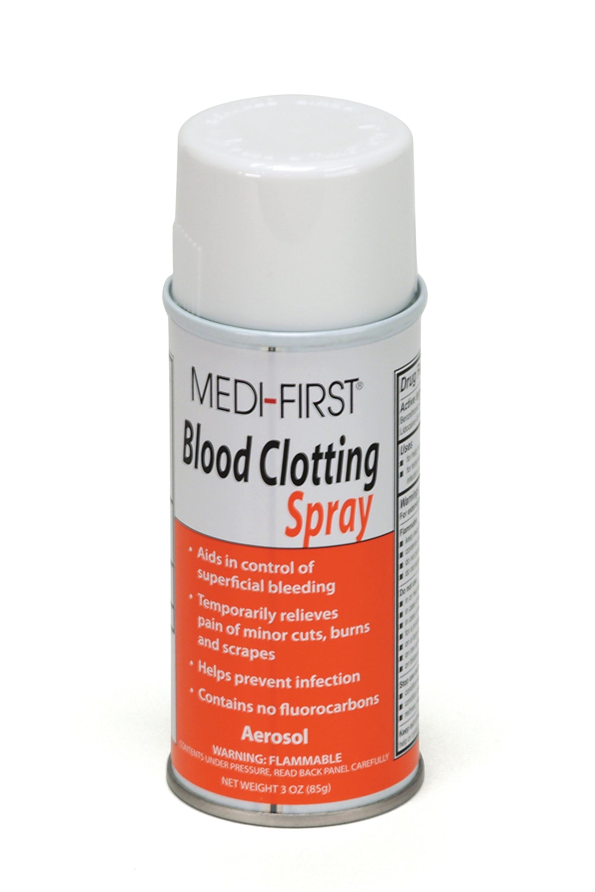 Medique Blood Clotting Spray bottle with label, set against a neutral background, showcasing first aid supplies.