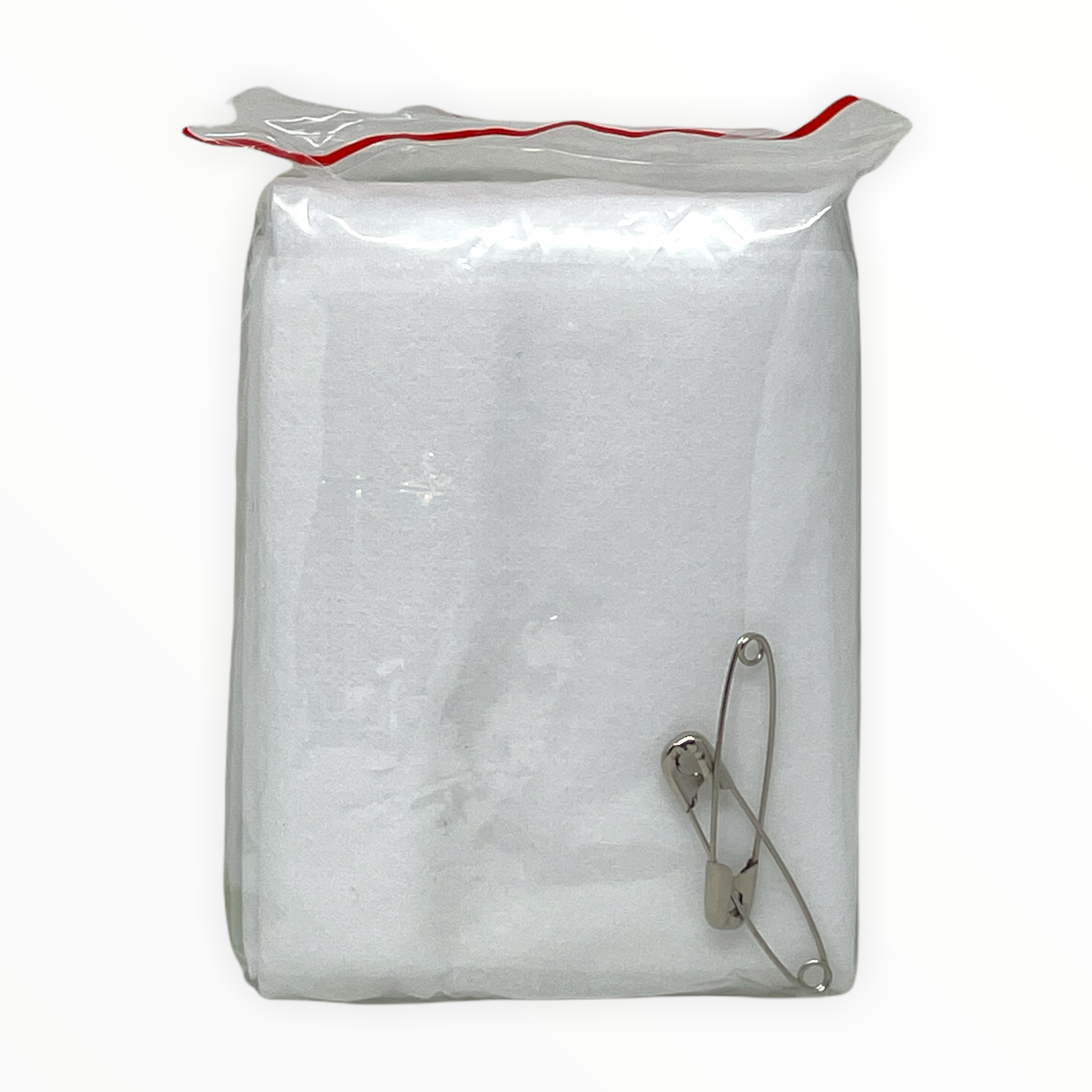 Triangular bandage with pins, 40 inches, by Alpenglow Readiness Supply, displayed folded with safety pins attached.