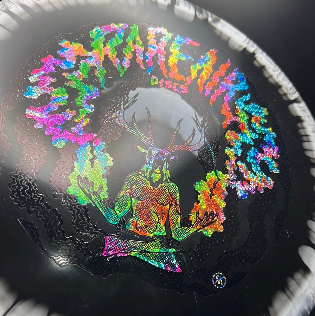 Rare Air Discs Halo S-Blend Exodus disc golf stamp featuring a custom RAD elk design on a disc in close-up view.