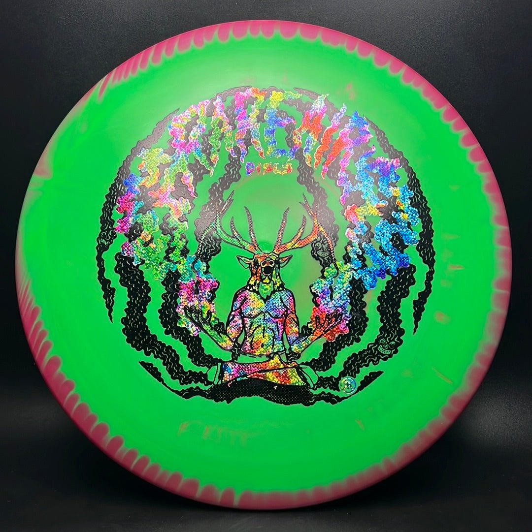 Rare Air Discs Halo S-Blend Exodus disc golf disc with custom RAD Elk stamp, showcasing detailed artwork and vibrant colors.