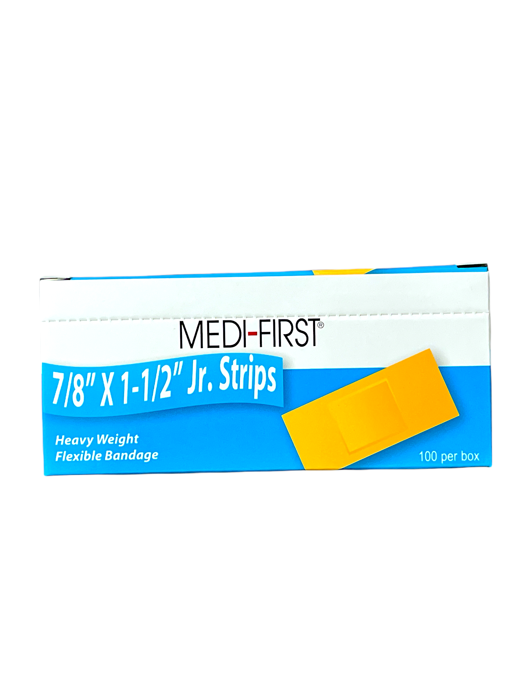 Medique Jr. woven strip bandages, 7/8" x 1-1/2", in first aid supplies package, designed for minor wound coverage.