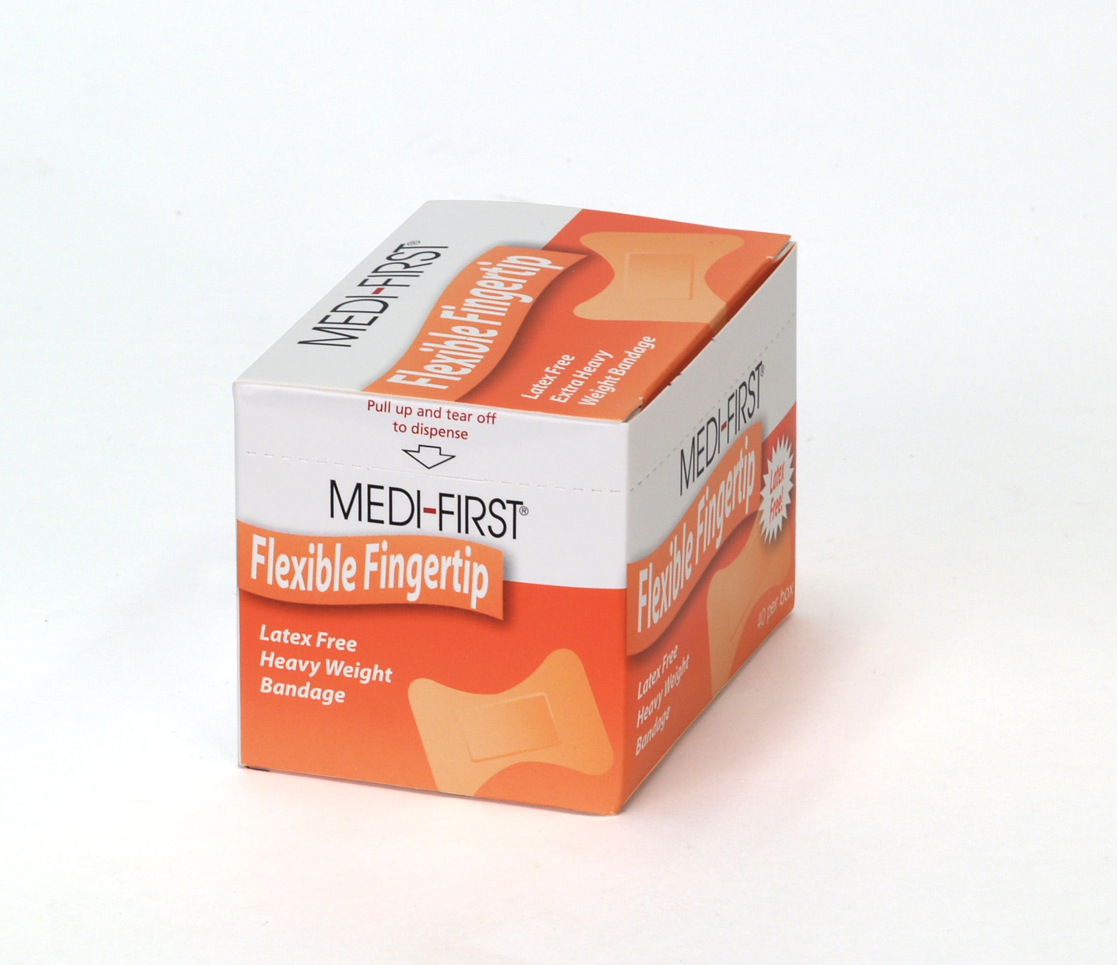 Flexible heavy weight fingertip bandages by Alpenglow, displayed in a first aid kit setting with various supplies.