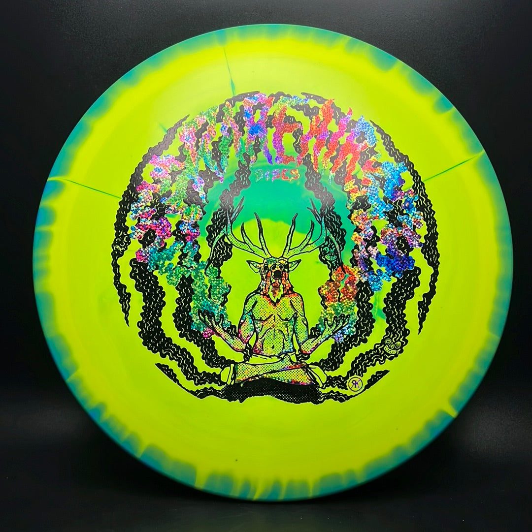 Rare Air Discs Halo S-Blend Exodus disc golf disc with custom RAD Elk stamp, featuring vibrant colors and detailed design.