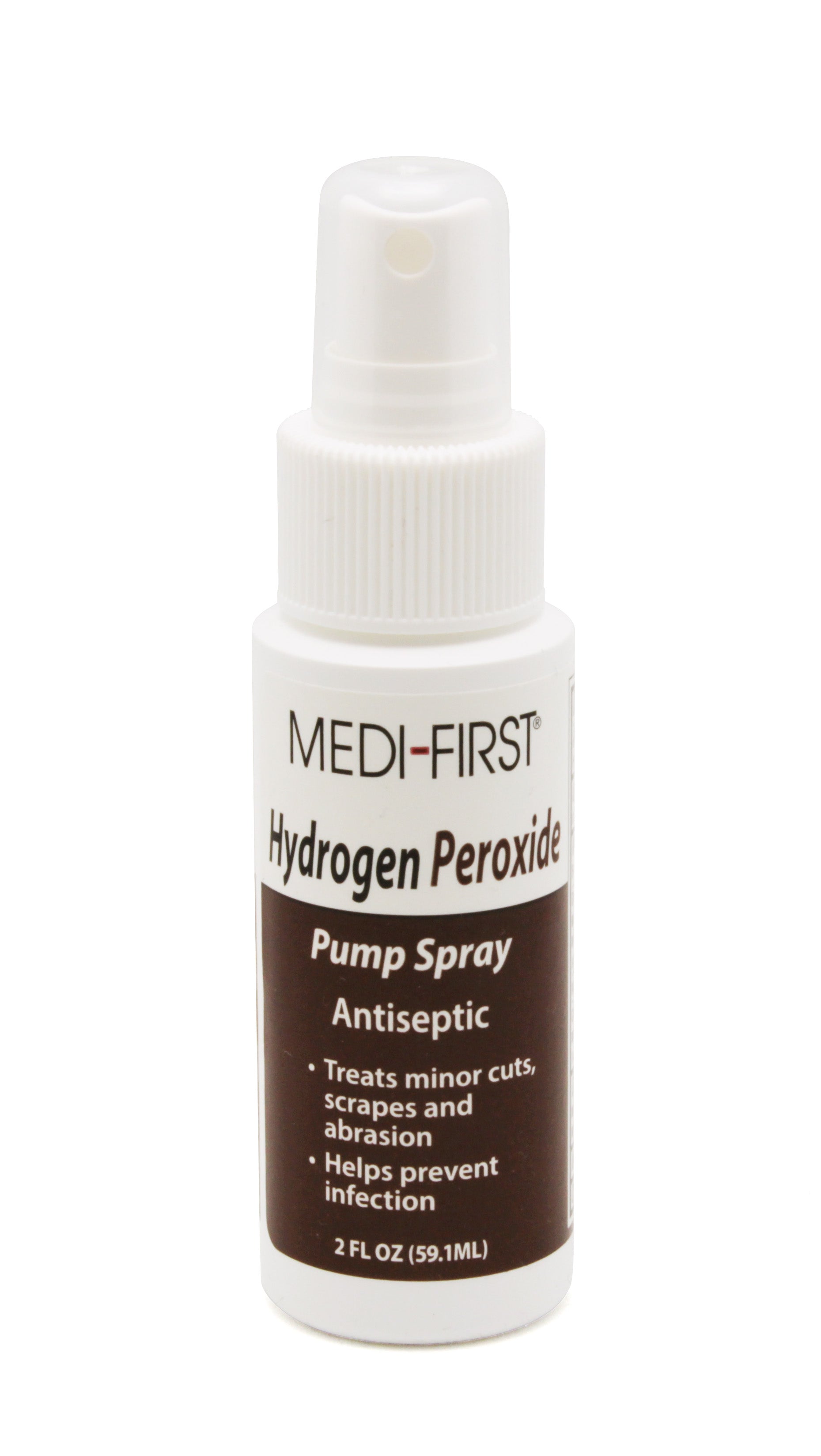 Medique Hydrogen Peroxide pump bottle, first aid antiseptic solution, clear liquid in a plastic bottle with a pump dispenser