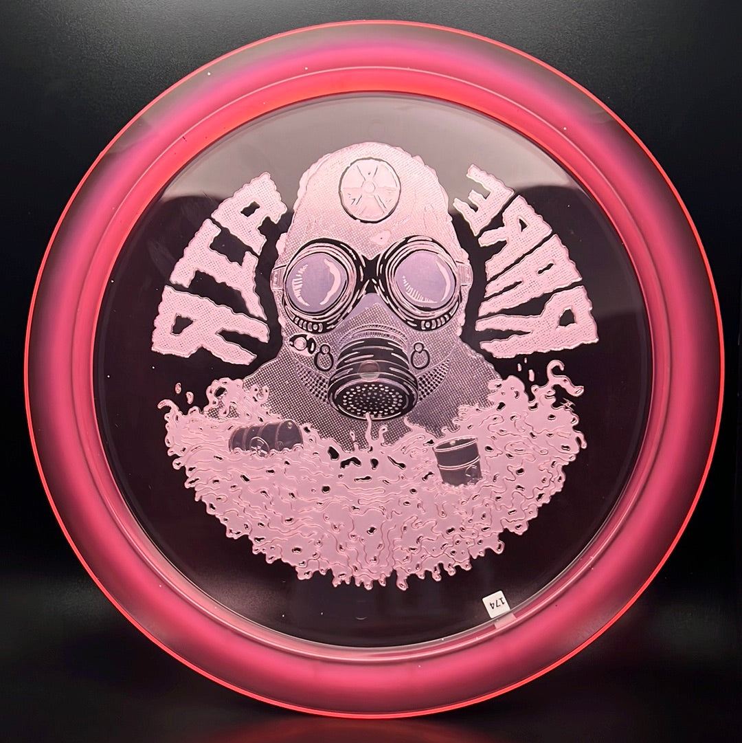 Rare Air Discs Ethos Omen Radioactive Man Edition disc golf disc with vibrant green and yellow design, featuring bold artwork.