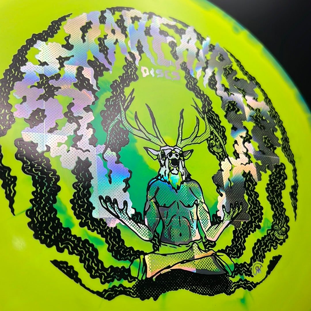 Rare Air Discs Halo S-Blend Exodus disc golf disc with custom RAD Elk stamp, featuring vibrant colors and detailed artwork.