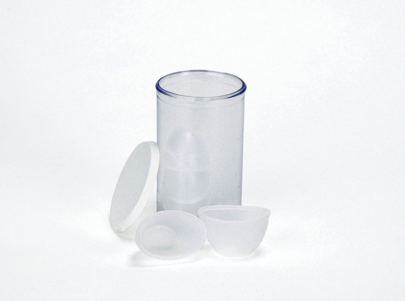 Plastic vial of Medique eye cups, a first aid supply by Alpenglow Readiness Supply, displayed against a neutral background.