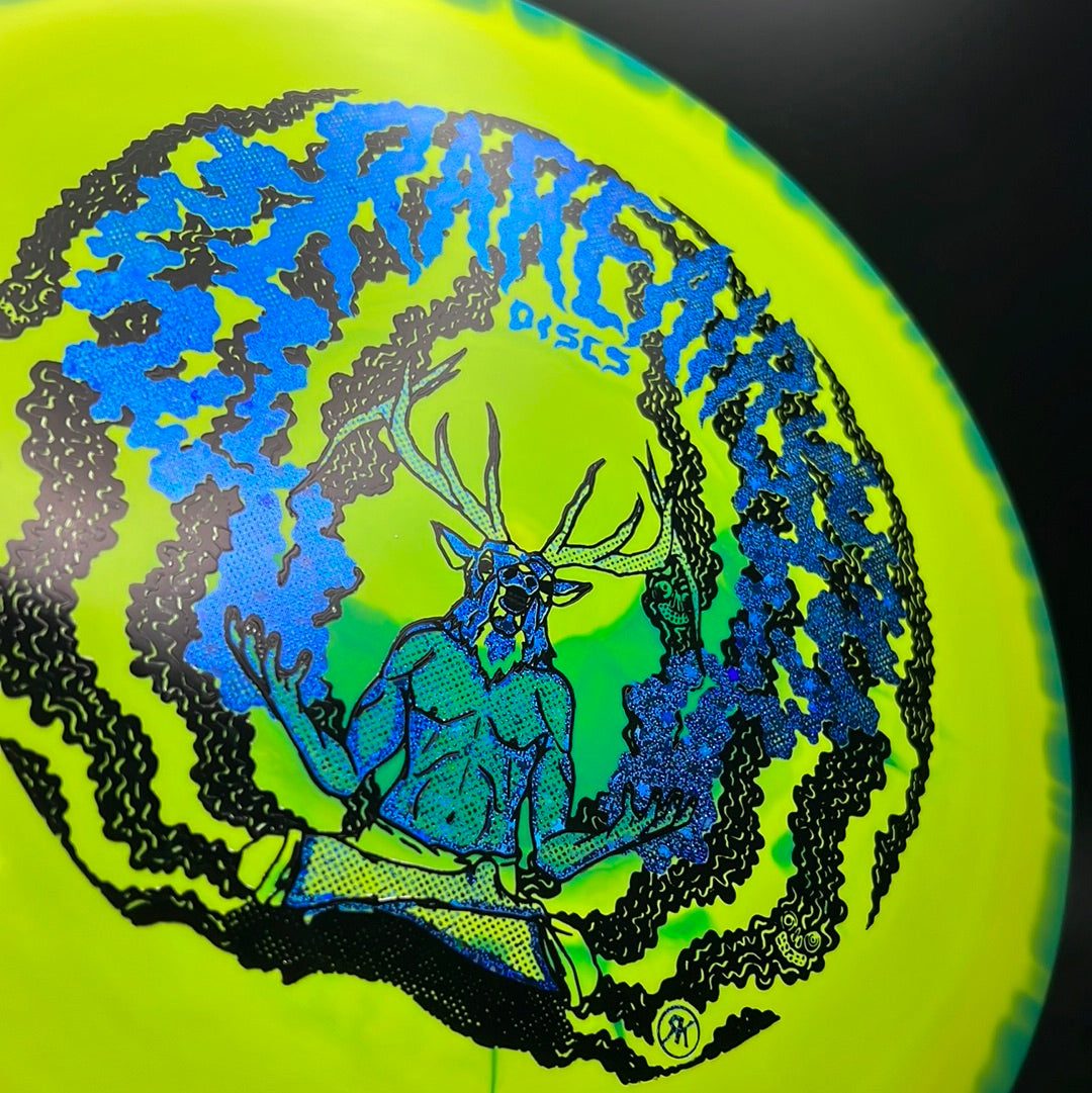 Rare Air Discs Halo S-Blend Exodus disc golf disc with custom RAD Elk stamp, features vibrant colors and detailed artwork.