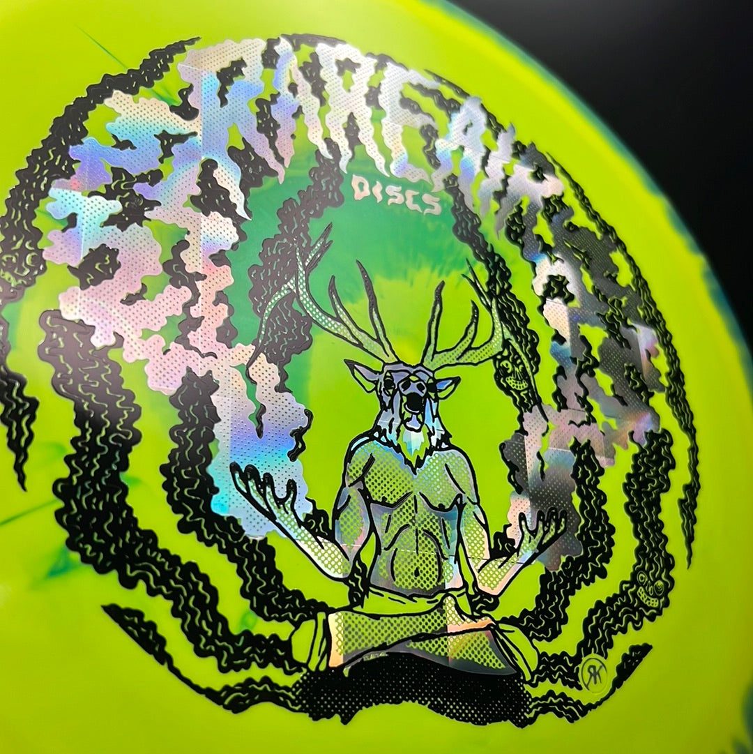 Rare Air Discs Halo S-Blend Exodus disc golf disc with custom RAD Elk stamp, showcasing vibrant design and disc details.