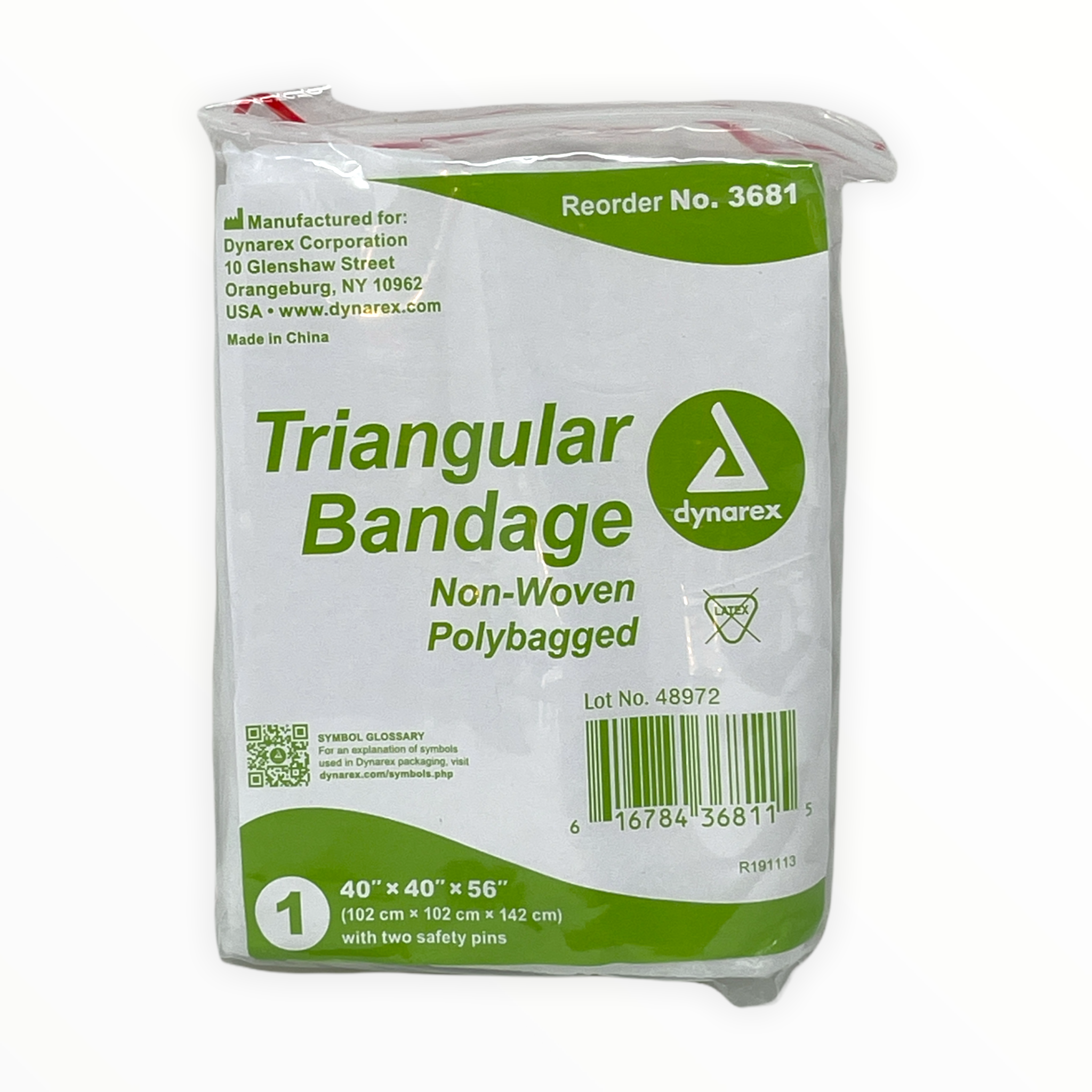 Triangular bandage with pins, 40 inches, displayed flat on a surface, ideal for first aid supplies by Alpenglow Readiness Supply.