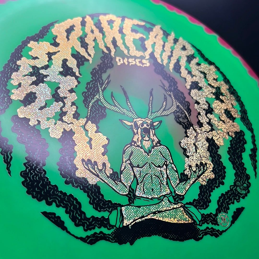 Rare Air Discs Halo S-Blend Exodus disc golf disc with custom RAD Elk stamp, featuring vibrant colors and detailed artwork.