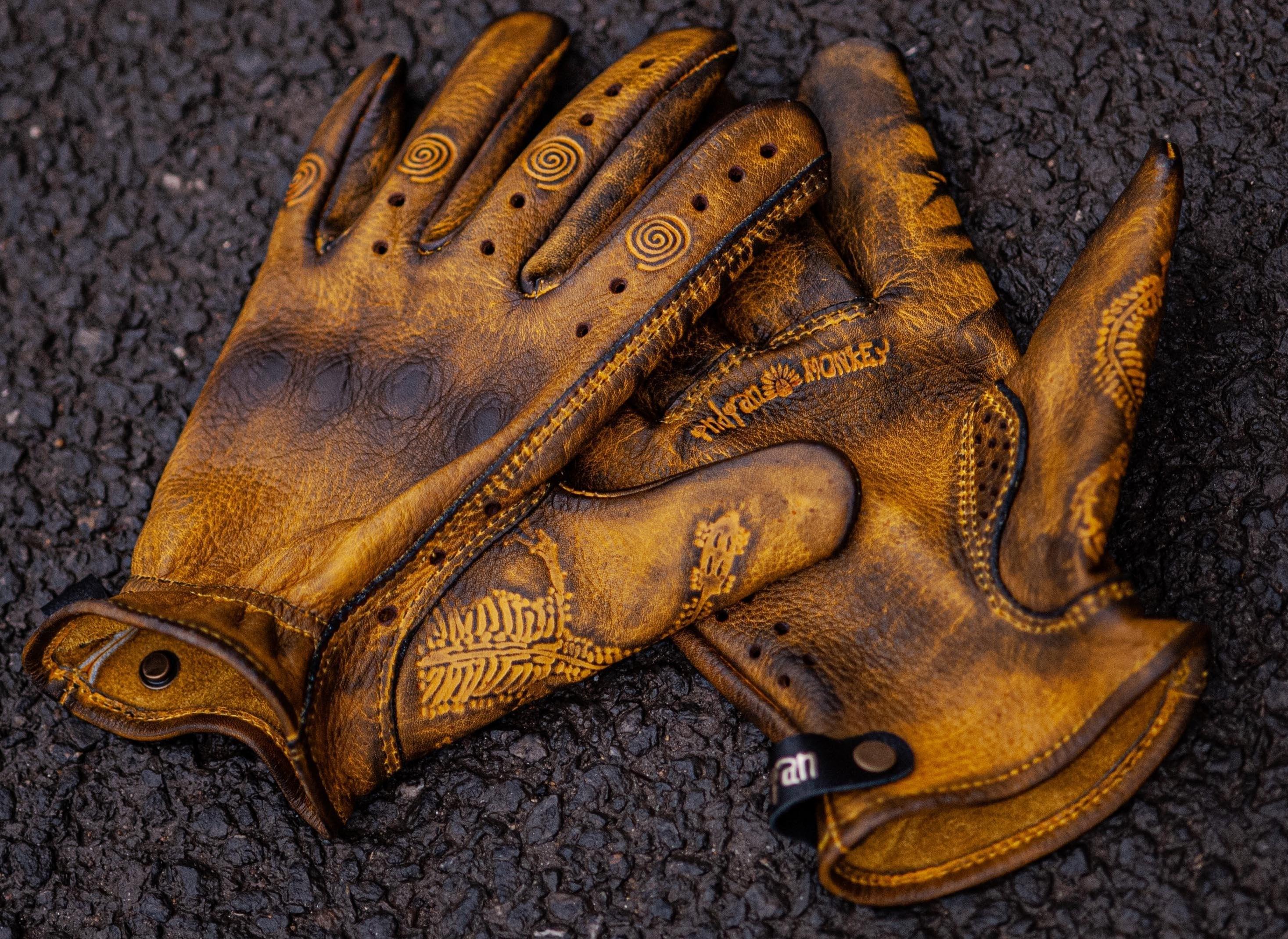 Indian Monkey™ handcrafted AAA class cowhide motorcycle gloves by Bean's Moto Booth, featuring durable leather and detailed stitching.