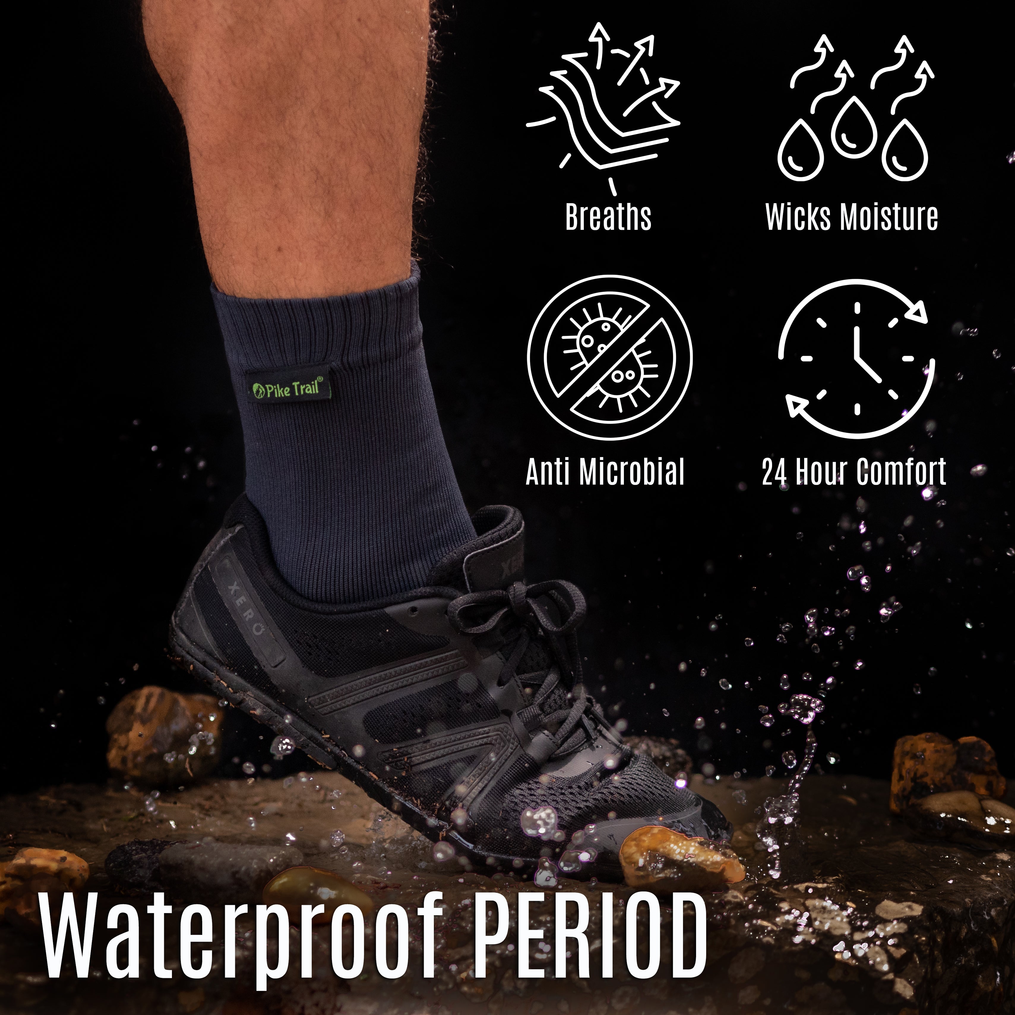 Gray Pike Trail waterproof breathable socks displayed on a model, showcasing their moisture-wicking and weather-resistant fabric.