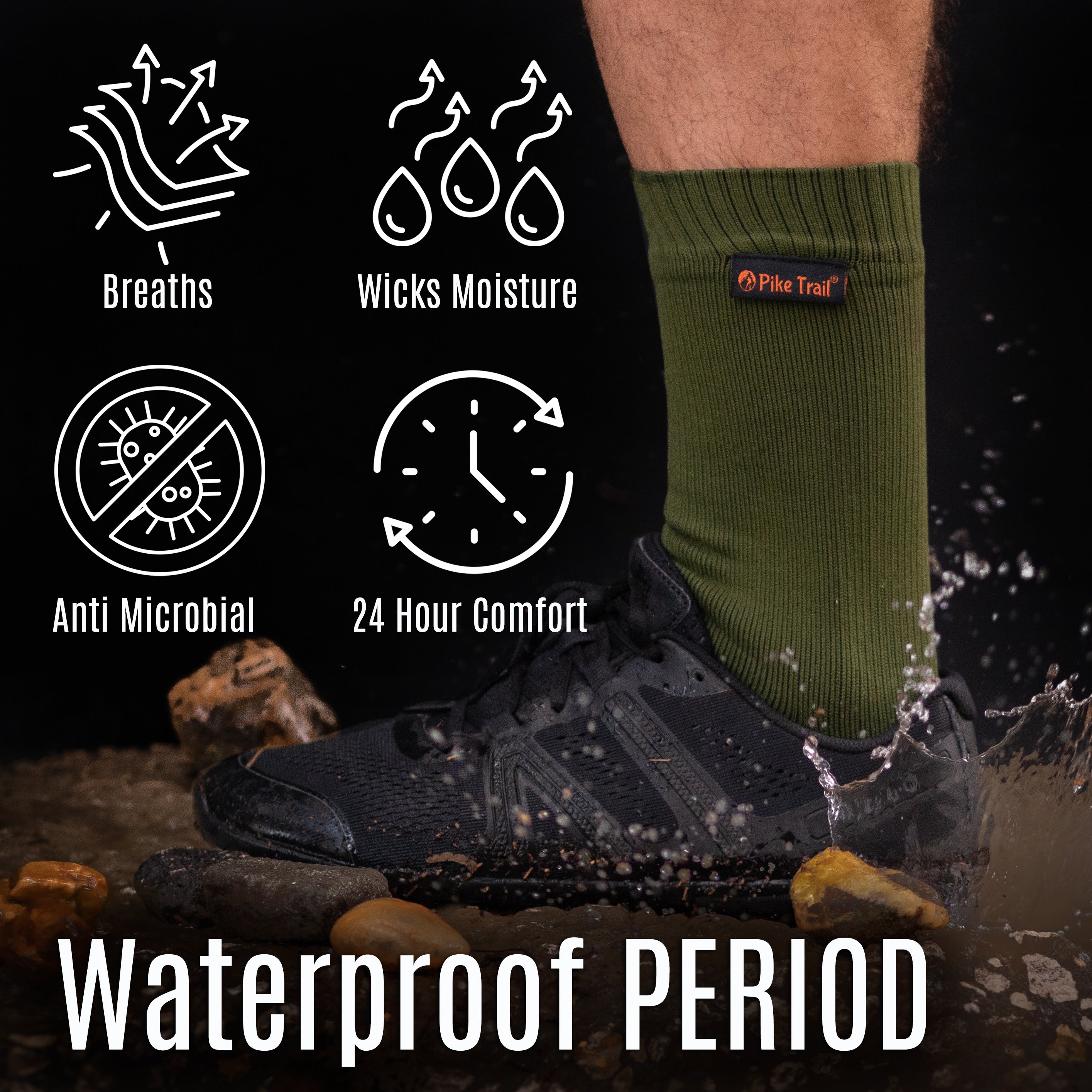 Pike Trail waterproof breathable socks in green, designed for outdoor activities, with moisture-wicking and quick-drying fabric.