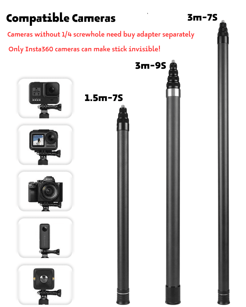 Insta360 camera with Bean's Moto Booth invisible selfie stick, 1.5m and 3m extendable selfie stick for capturing wide-angle shots